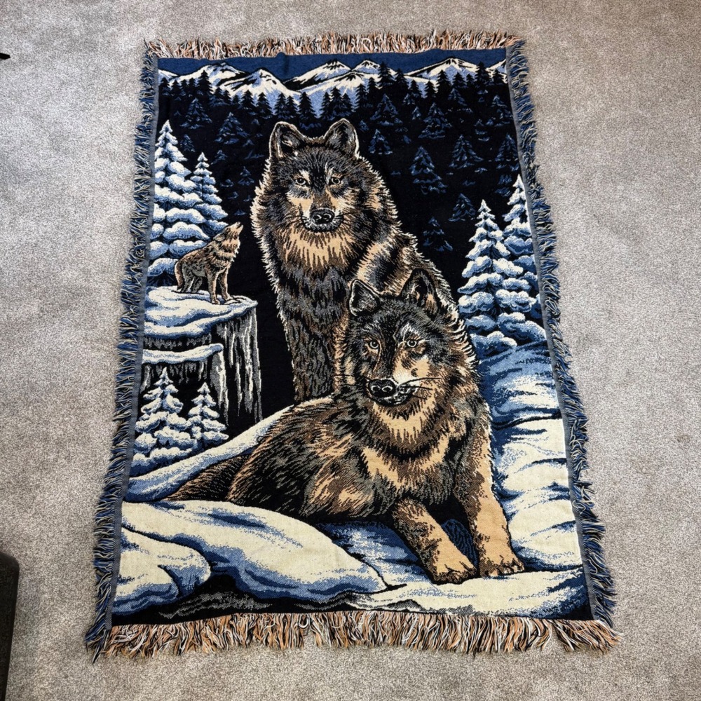 Fieldcrest Woven Wolf Throw Blanket 100% Cotton Fringed Tapestry 46x68 USA Made
